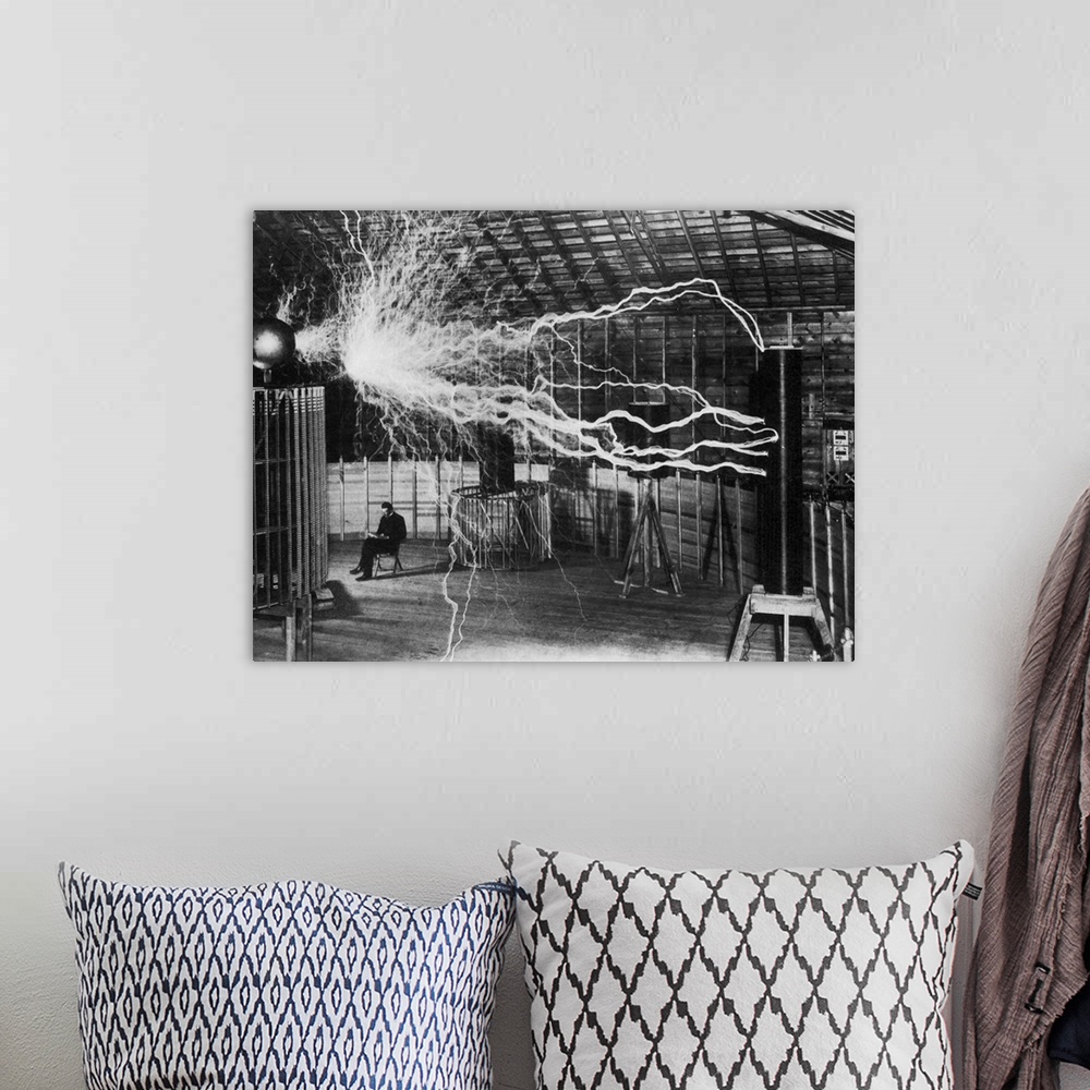 A bohemian room featuring Bolts of electricity discharging in the lab of Nikola Tesla.