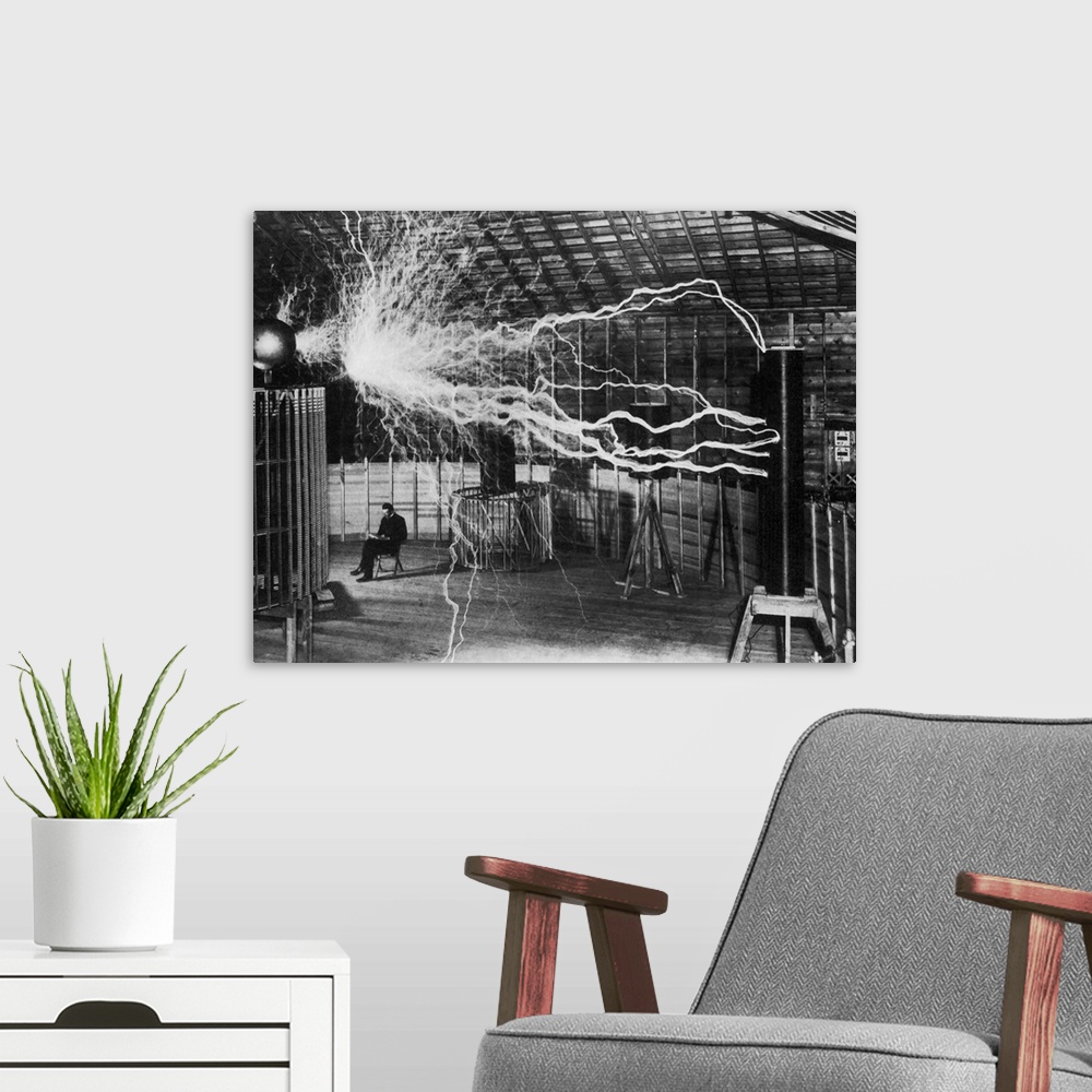 A modern room featuring Bolts of electricity discharging in the lab of Nikola Tesla.