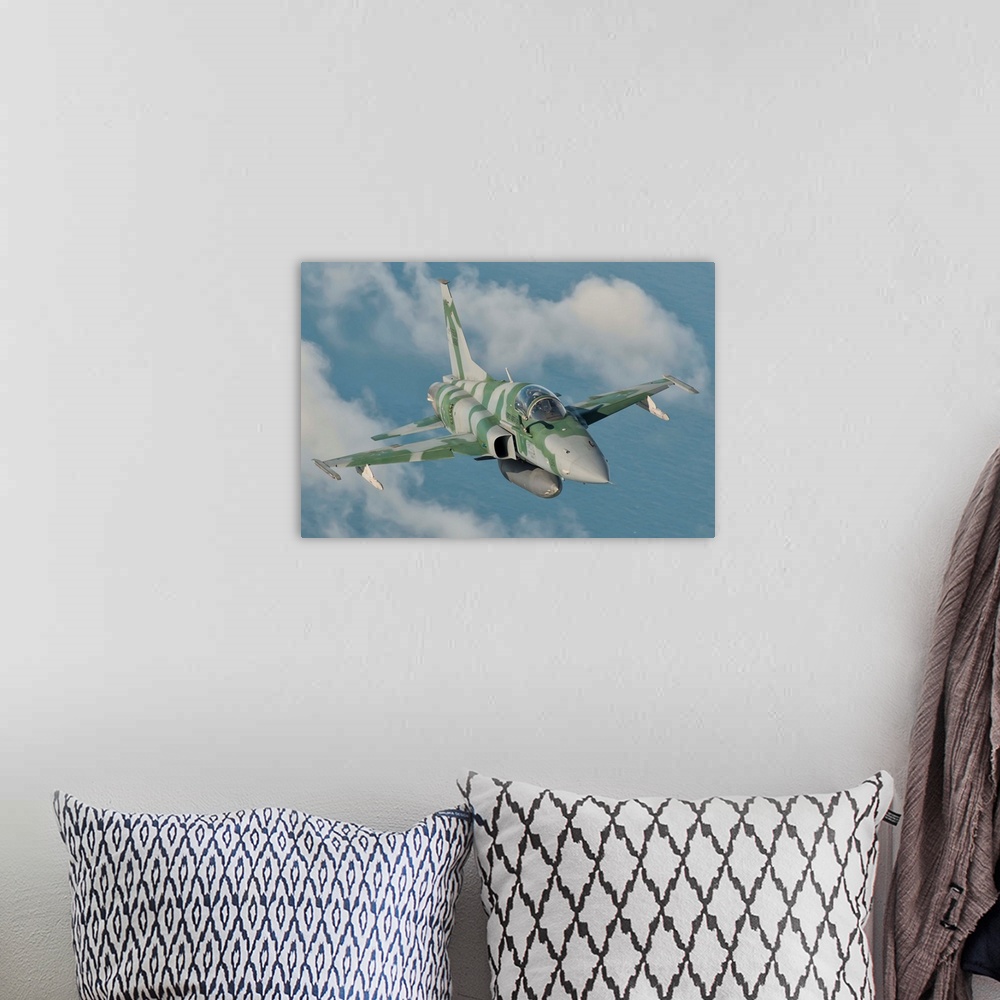 A bohemian room featuring Brazilian Air Force F-5 in flight over Brazil.