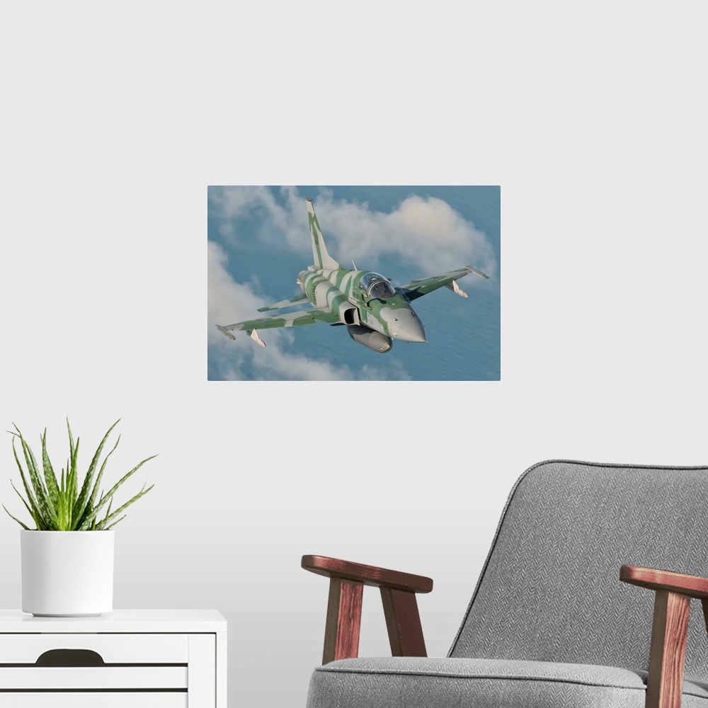 A modern room featuring Brazilian Air Force F-5 in flight over Brazil.