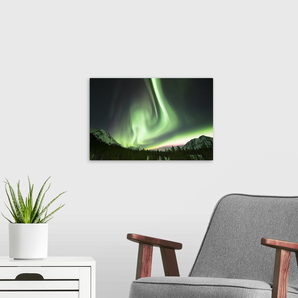 A modern room featuring Bright aurora borealis, Annie Lake, Yukon, Canada.