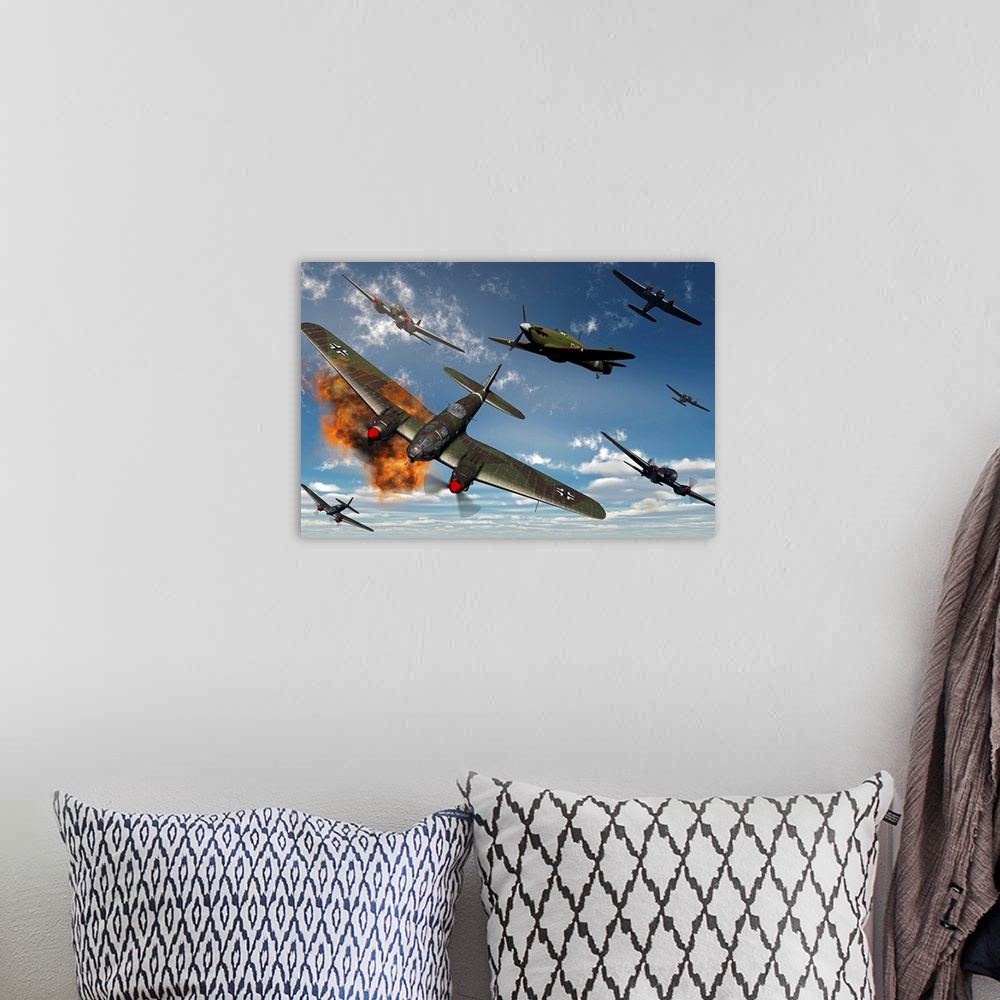 A bohemian room featuring Artist's concept illustrating British Hawker Hurricane fighter planes attacking German Heinkel He...