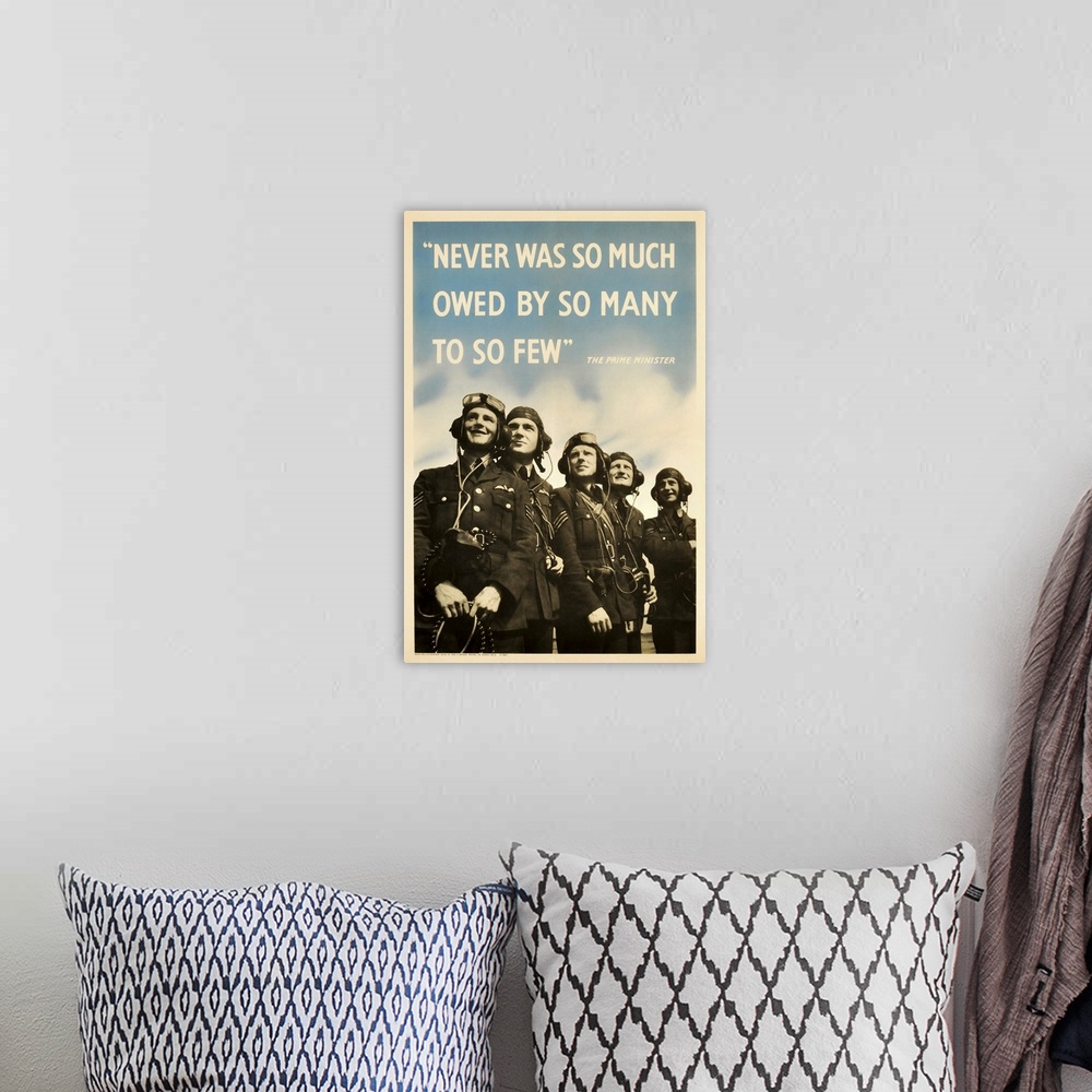 A bohemian room featuring British military history poster featuring members of The Royal Air Force.