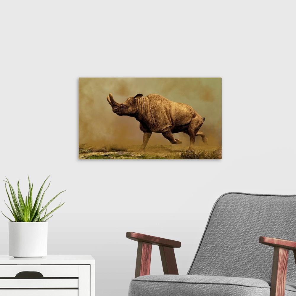 A modern room featuring Brontotherium, a family of extinct mammals.