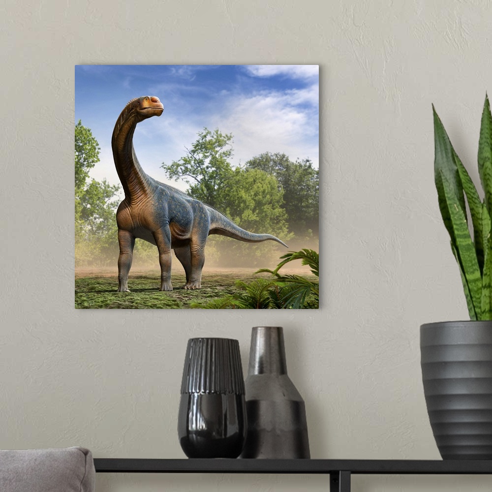 A modern room featuring Camarasaurus dinosaur roaming in the forest.