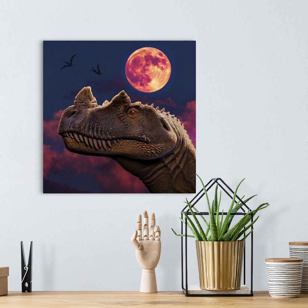 A bohemian room featuring Ceratosaurus dinosaur portrait at night.