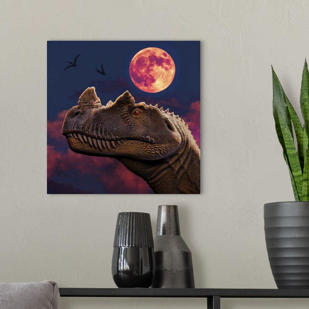 A modern room featuring Ceratosaurus dinosaur portrait at night.