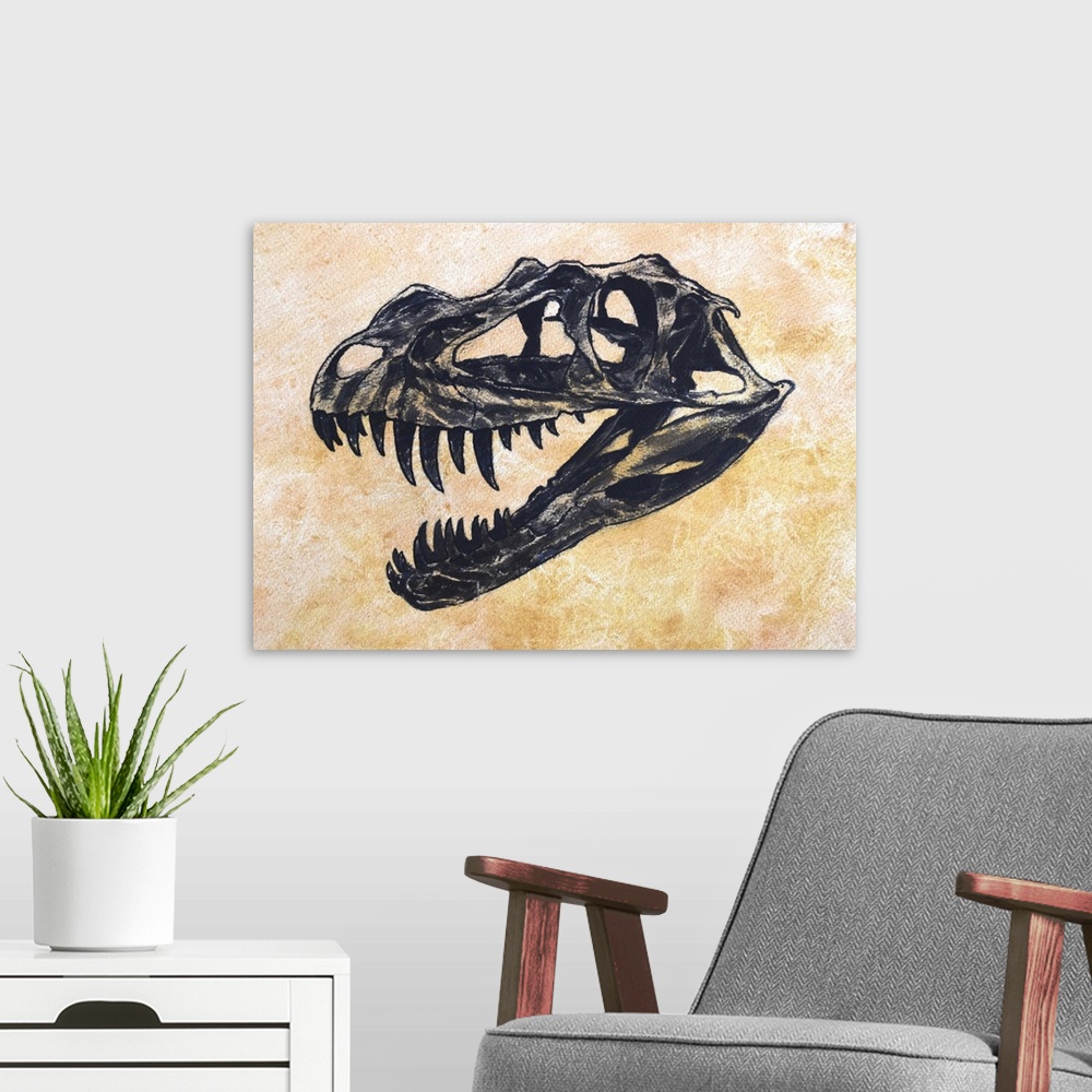 A modern room featuring Ceratosaurus dinosaur skull on textured background.