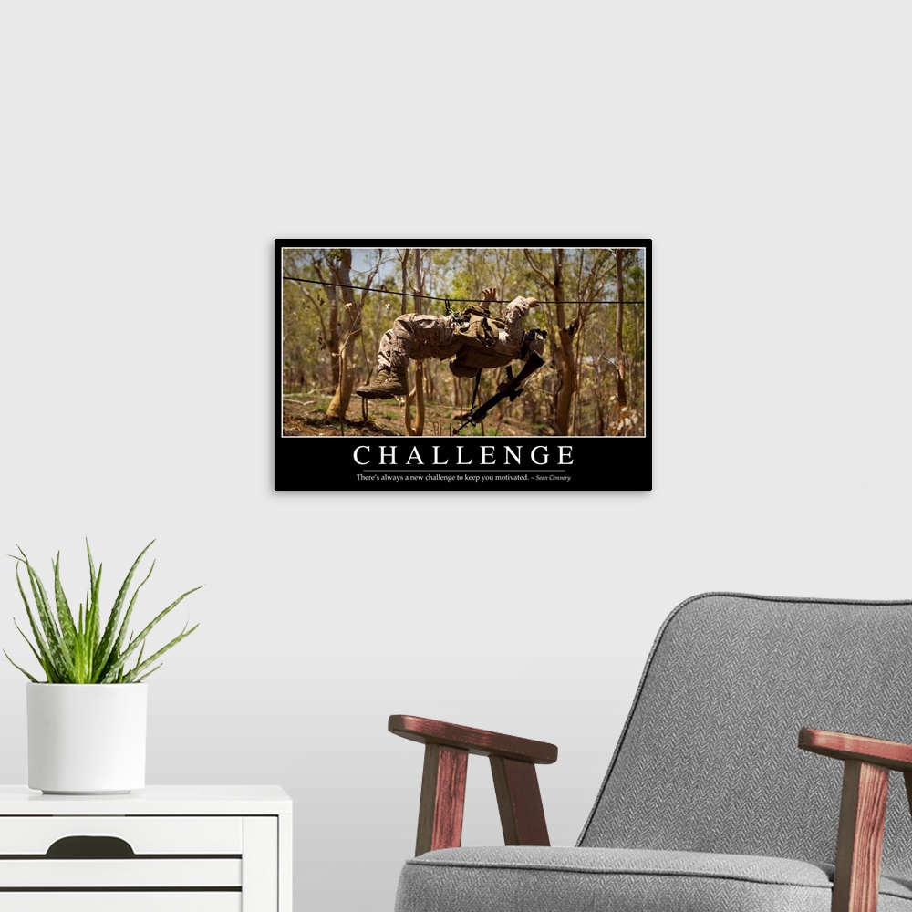 A modern room featuring Challenge: Inspirational Quote and Motivational Poster
