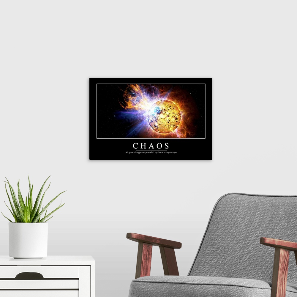 A modern room featuring Chaos: Inspirational Quote and Motivational Poster