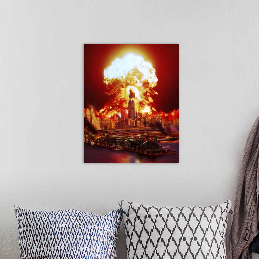 A bohemian room featuring Chicago disintegrates as a nuclear explosion erupts in the middle of the city.
