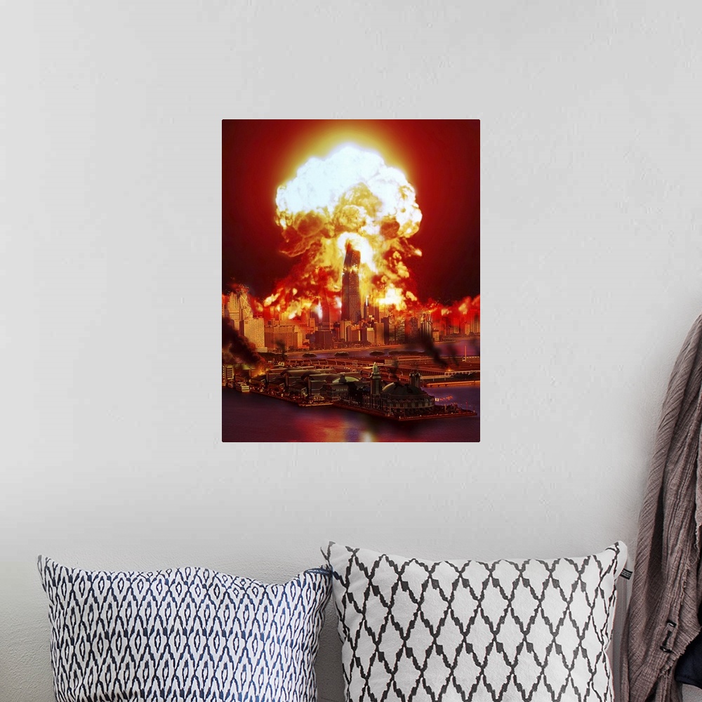 A bohemian room featuring Chicago disintegrates as a nuclear explosion erupts in the middle of the city.
