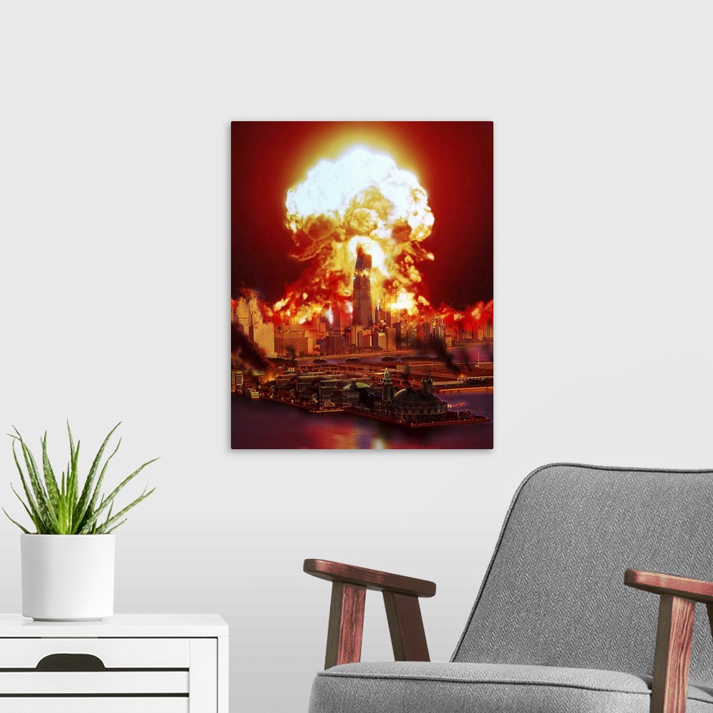A modern room featuring Chicago disintegrates as a nuclear explosion erupts in the middle of the city.