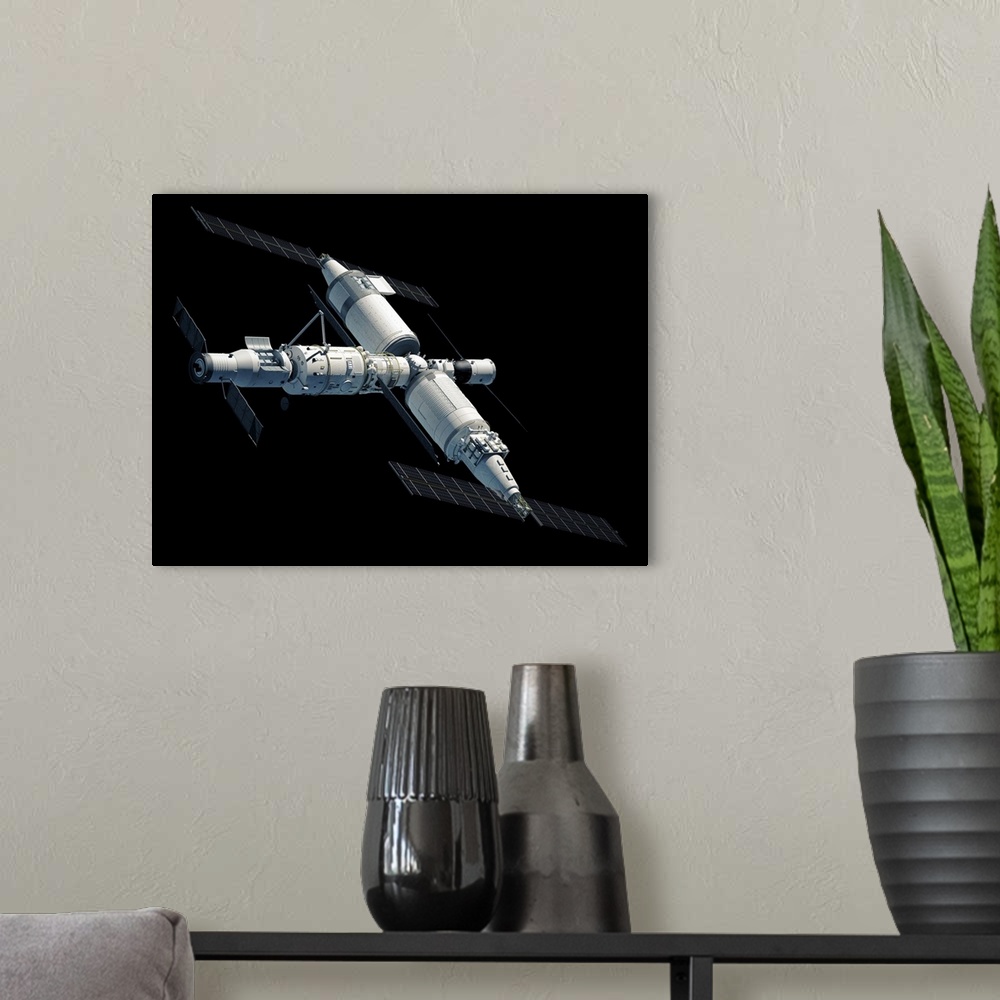 A modern room featuring Chinese Space Station Tiangong 2022, complete view.