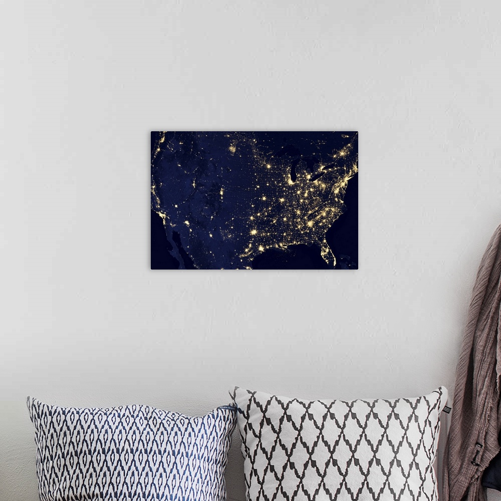A bohemian room featuring This image of the United States of America at night is a composite assembled from data acquired b...