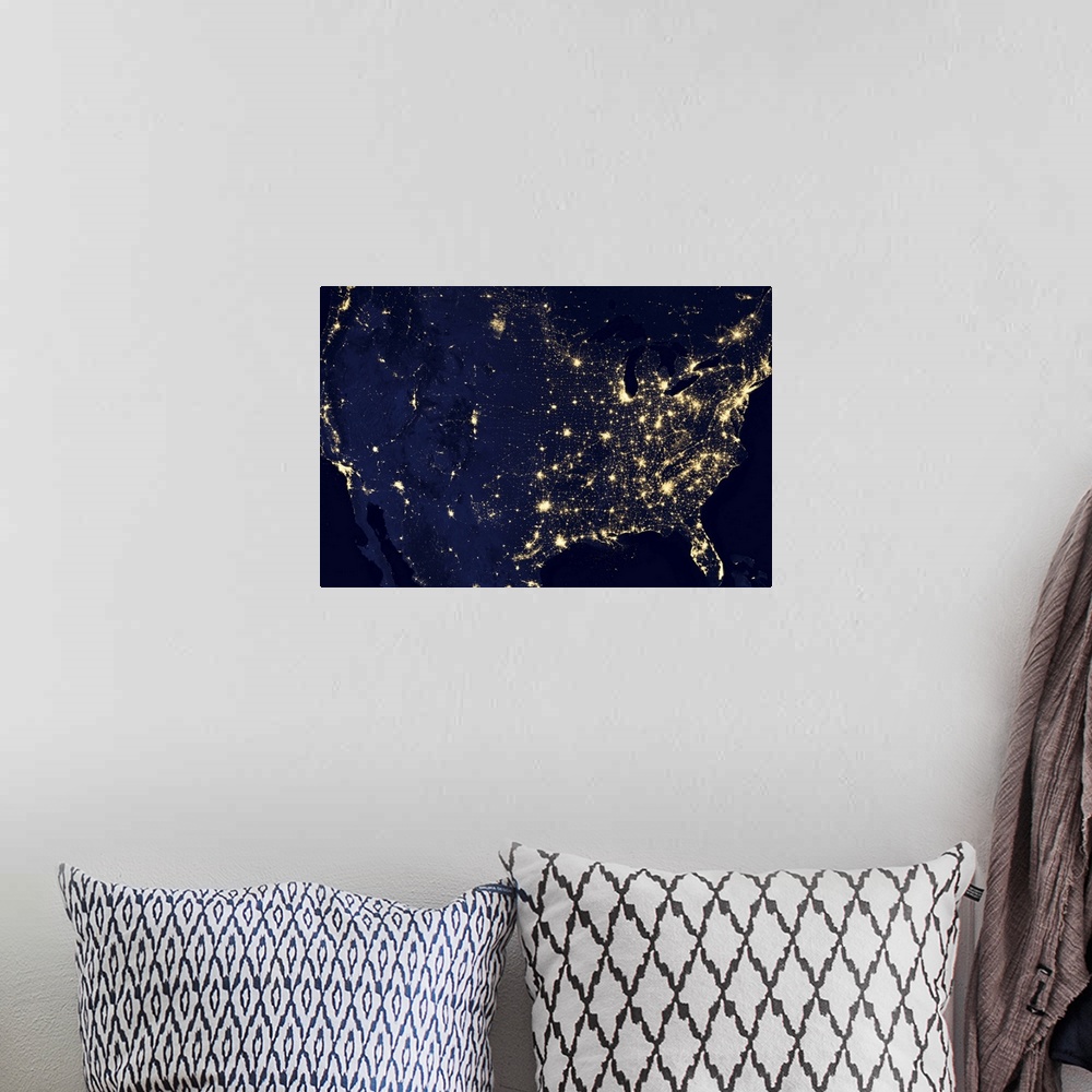 A bohemian room featuring This image of the United States of America at night is a composite assembled from data acquired b...