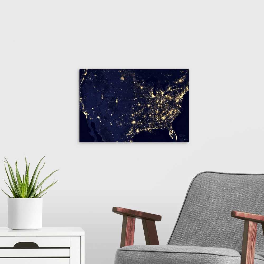 A modern room featuring This image of the United States of America at night is a composite assembled from data acquired b...
