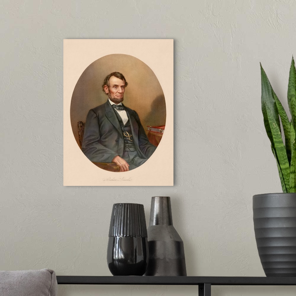 A modern room featuring Civil War artwork of President Abraham Lincoln sitting in a chair.