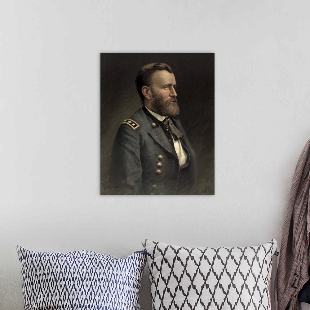 A bohemian room featuring Civil war painting of General Ulysses S. Grant.