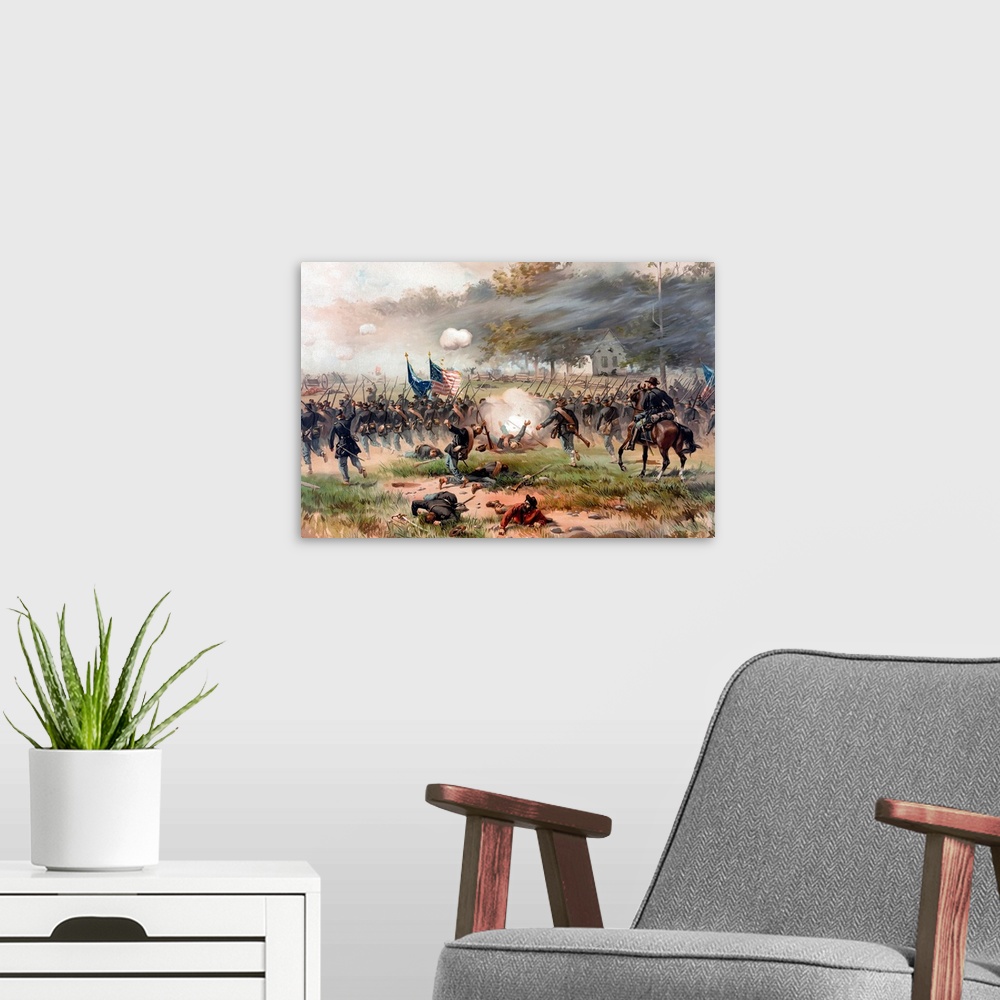 A modern room featuring Vintage Civil War painting of Union and Confederate troops fighting at The Battle of Antietam, al...