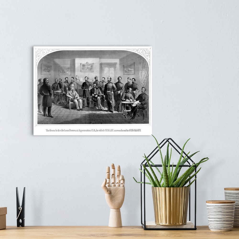 A bohemian room featuring Vintage Civil War print of General Lee surrendering his Confederate forces to General Grant. It r...
