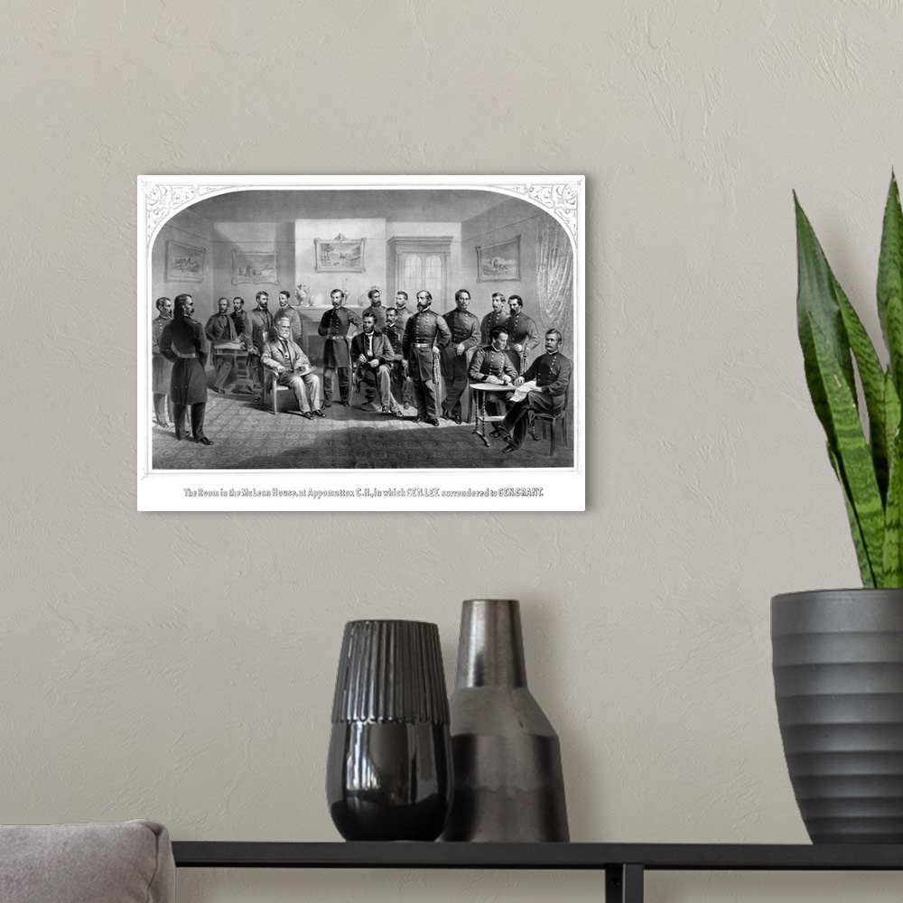 A modern room featuring Vintage Civil War print of General Lee surrendering his Confederate forces to General Grant. It r...