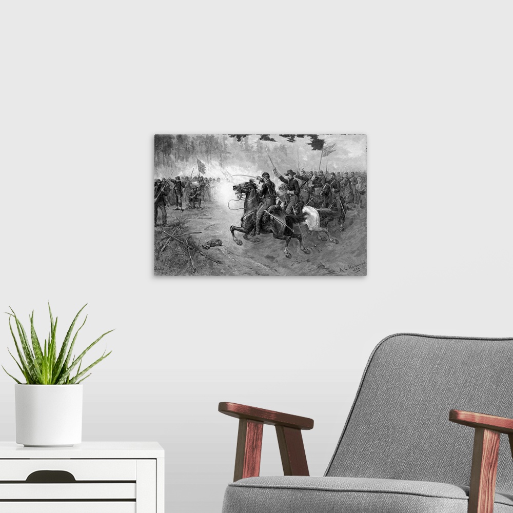 A modern room featuring Civil War print of Union cavalry soldiers charging a Confederate firing line.