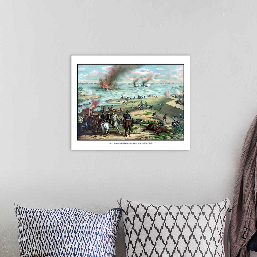 A bohemian room featuring Civil War print showing the Naval Battle of the Monitor and The Merrimack, also known as the Batt...
