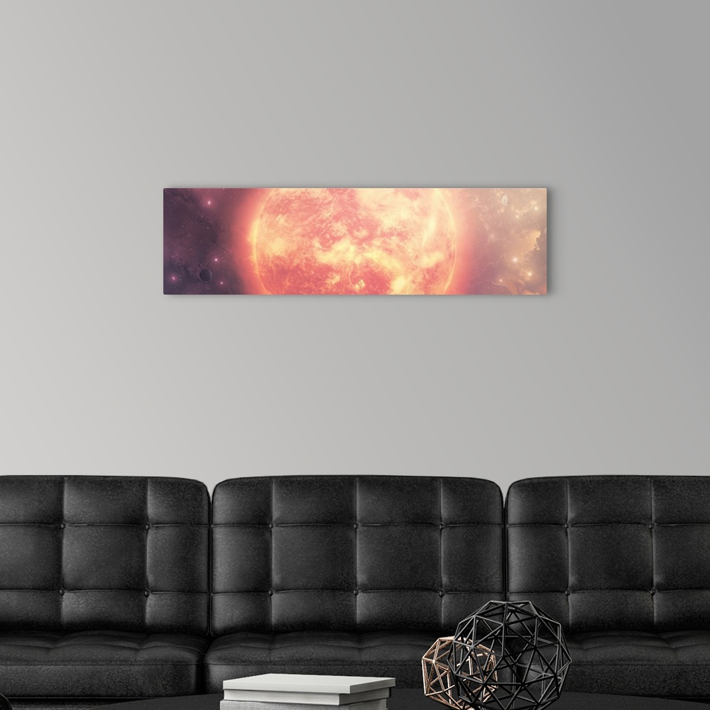 A modern room featuring Close-up of an Animus Majoris solar system Sun and its planets.