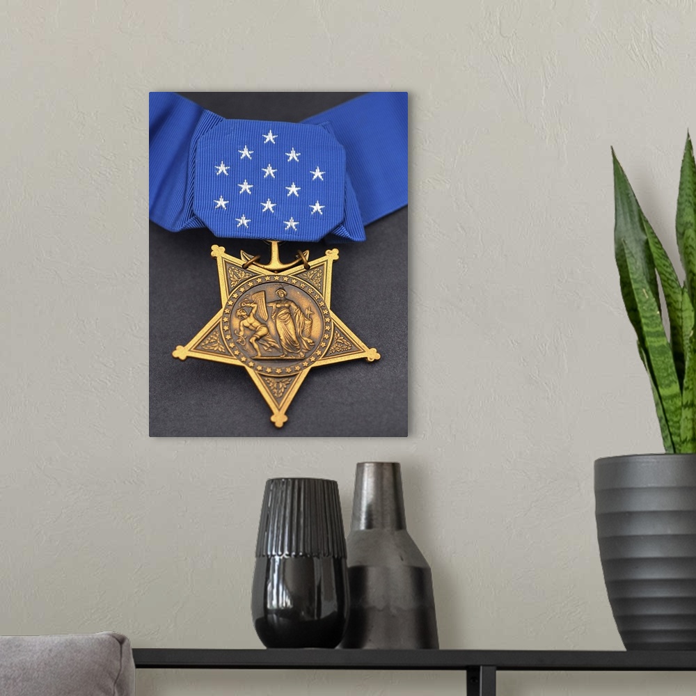 A modern room featuring Close-up of the Medal of Honor award.