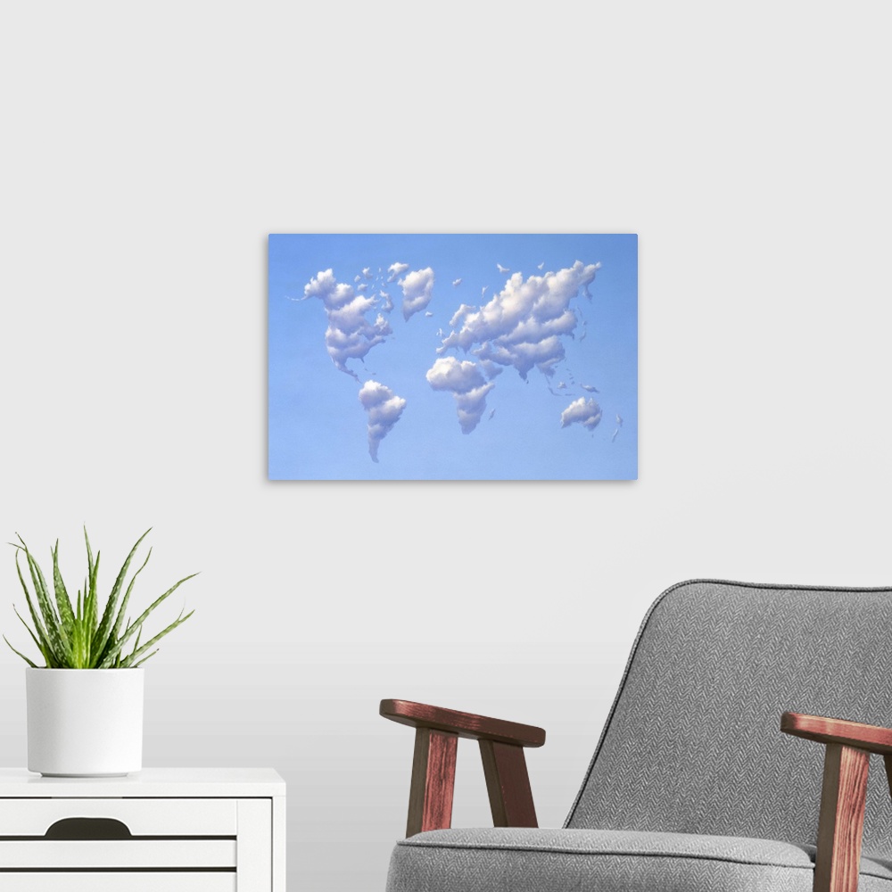 A modern room featuring Clouds forming the shape of Earth's continents.