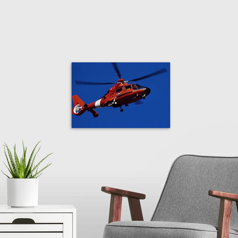 A modern room featuring Coast Guard helicopter