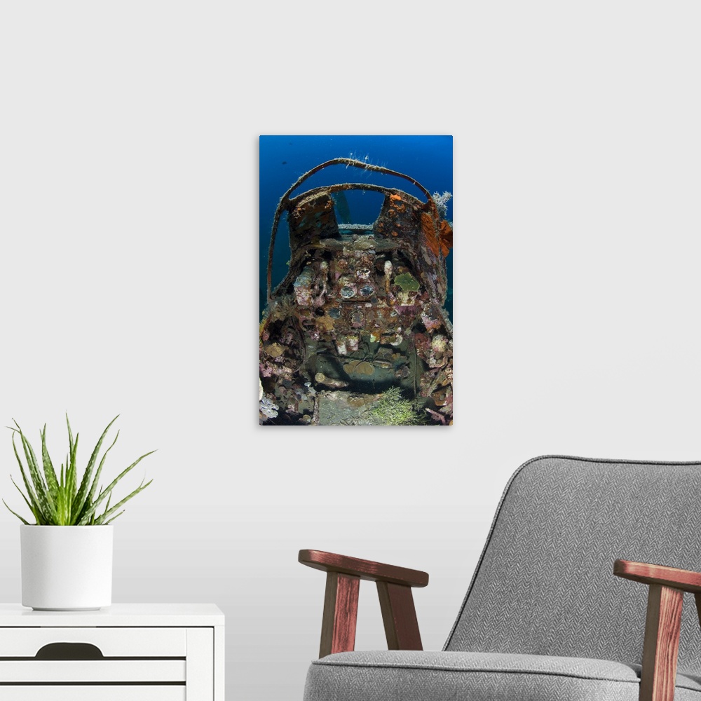 A modern room featuring Cockpit of a Mitsubishi Zero fighter plane wreck underwater.
