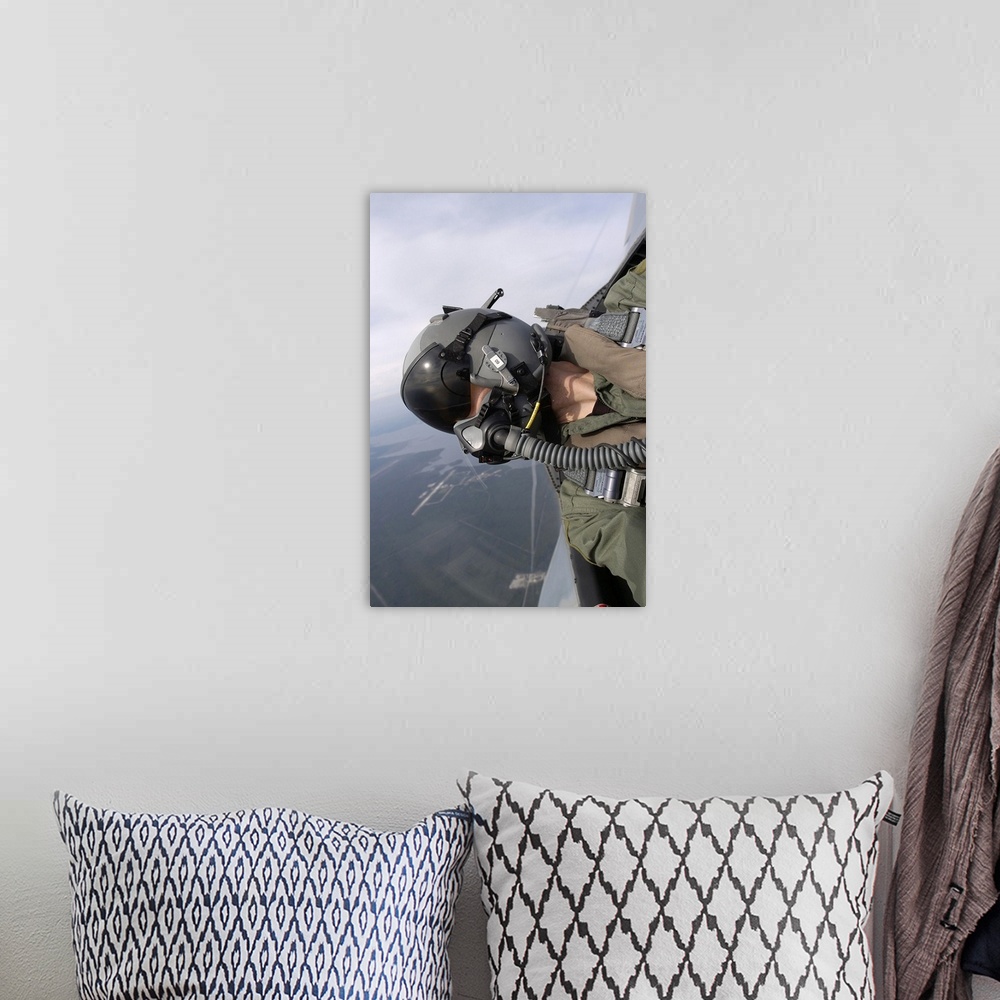 A bohemian room featuring Cockpit view of a pilot flying an F15 Eagle