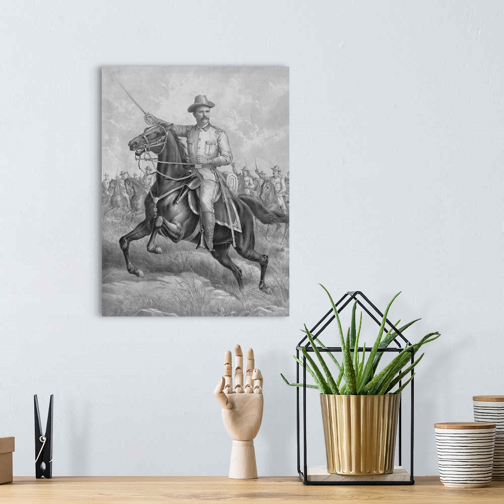 A bohemian room featuring Digitally restored vintage American history print of Colonel Theodore Roosevelt on horseback, lea...