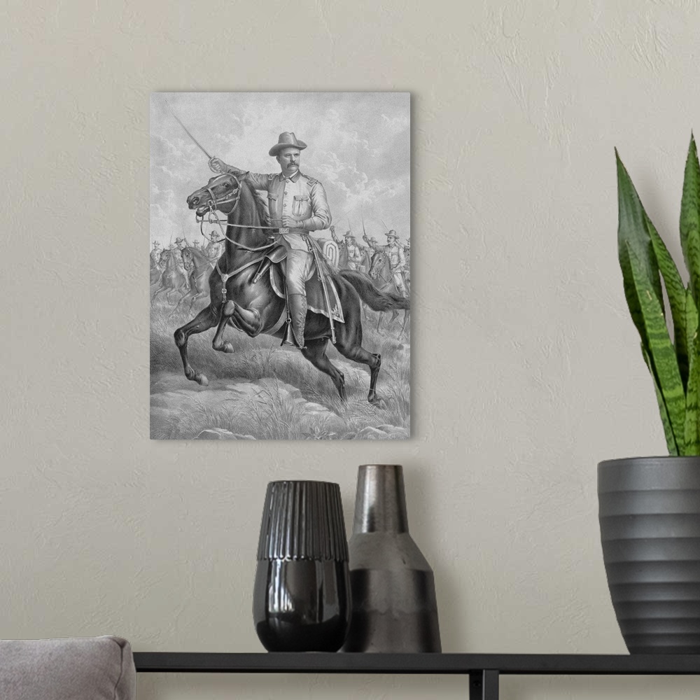 A modern room featuring Digitally restored vintage American history print of Colonel Theodore Roosevelt on horseback, lea...