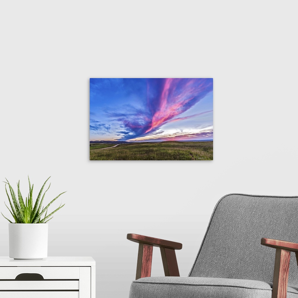 A modern room featuring July 4, 2014 - High dynamic range sunset at the Reesor Ranch on the edge of the Cypress Hills Int...