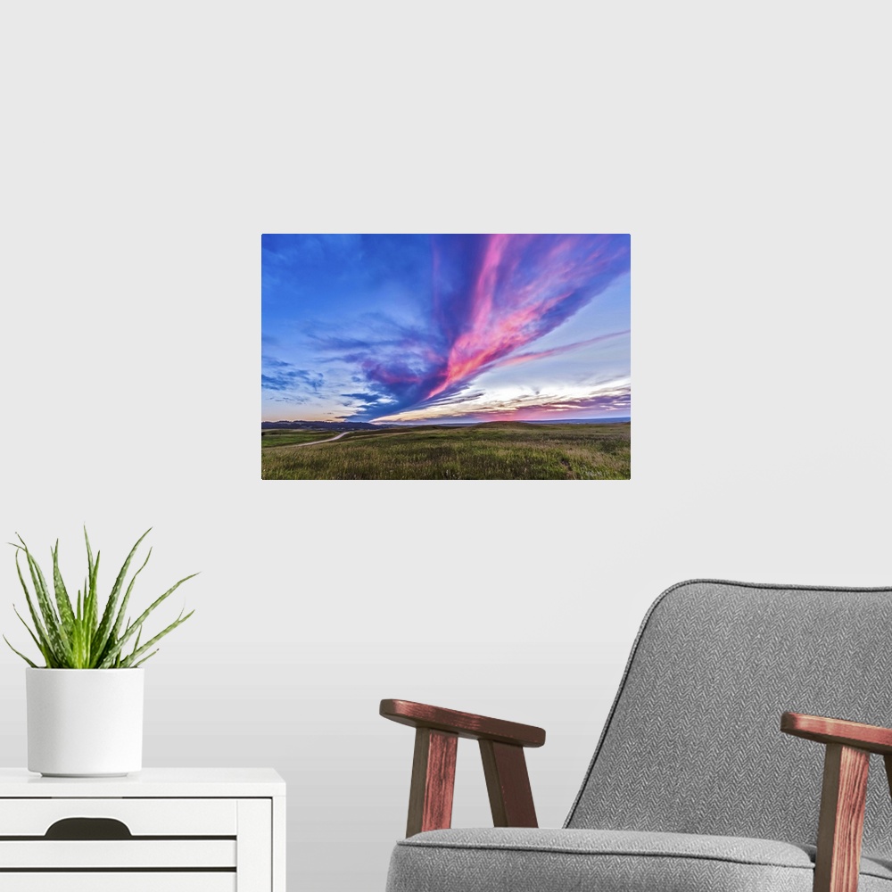 A modern room featuring July 4, 2014 - High dynamic range sunset at the Reesor Ranch on the edge of the Cypress Hills Int...