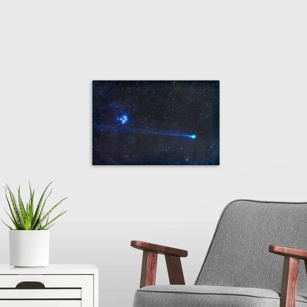 A modern room featuring January 18, 2015 - Comey Lovejoy (C/2014 Q2) nearest the Pleiades star cluster, Messier 45, with ...