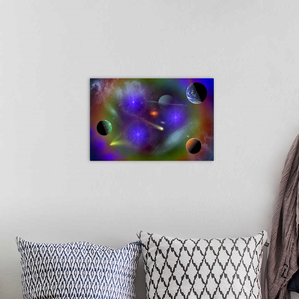 A bohemian room featuring Conceptual image depicting the stars, planets and nebulae of a scene in outer space.