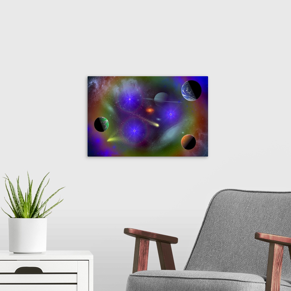 A modern room featuring Conceptual image depicting the stars, planets and nebulae of a scene in outer space.