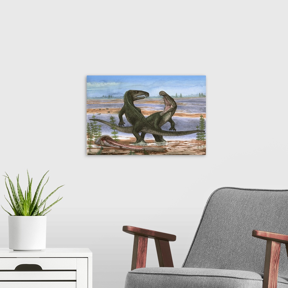 A modern room featuring Confrontation between two prehistoric Archosaurus rossicus.