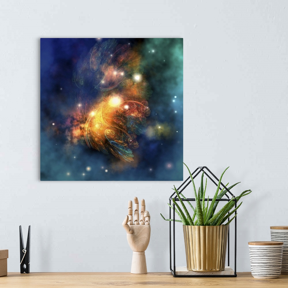 A bohemian room featuring Cosmic image of a colorful nebula out in space.