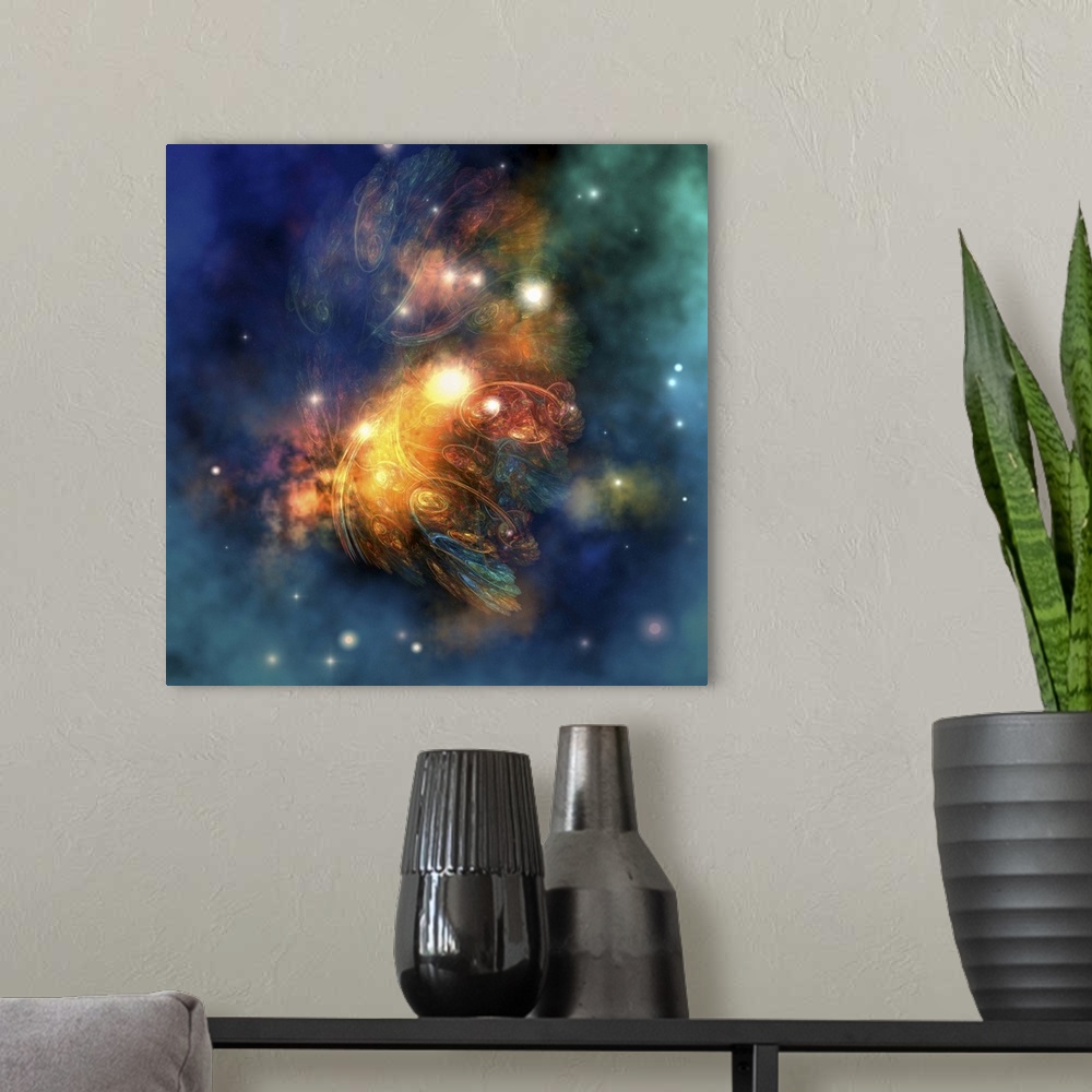 A modern room featuring Cosmic image of a colorful nebula out in space.