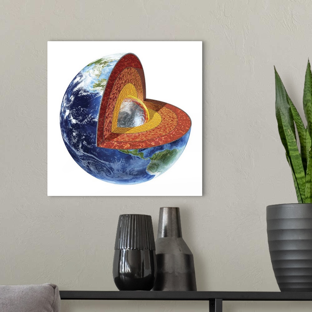 A modern room featuring Cross section of planet Earth showing the inner core, made by solid iron and nickel, with a tempe...