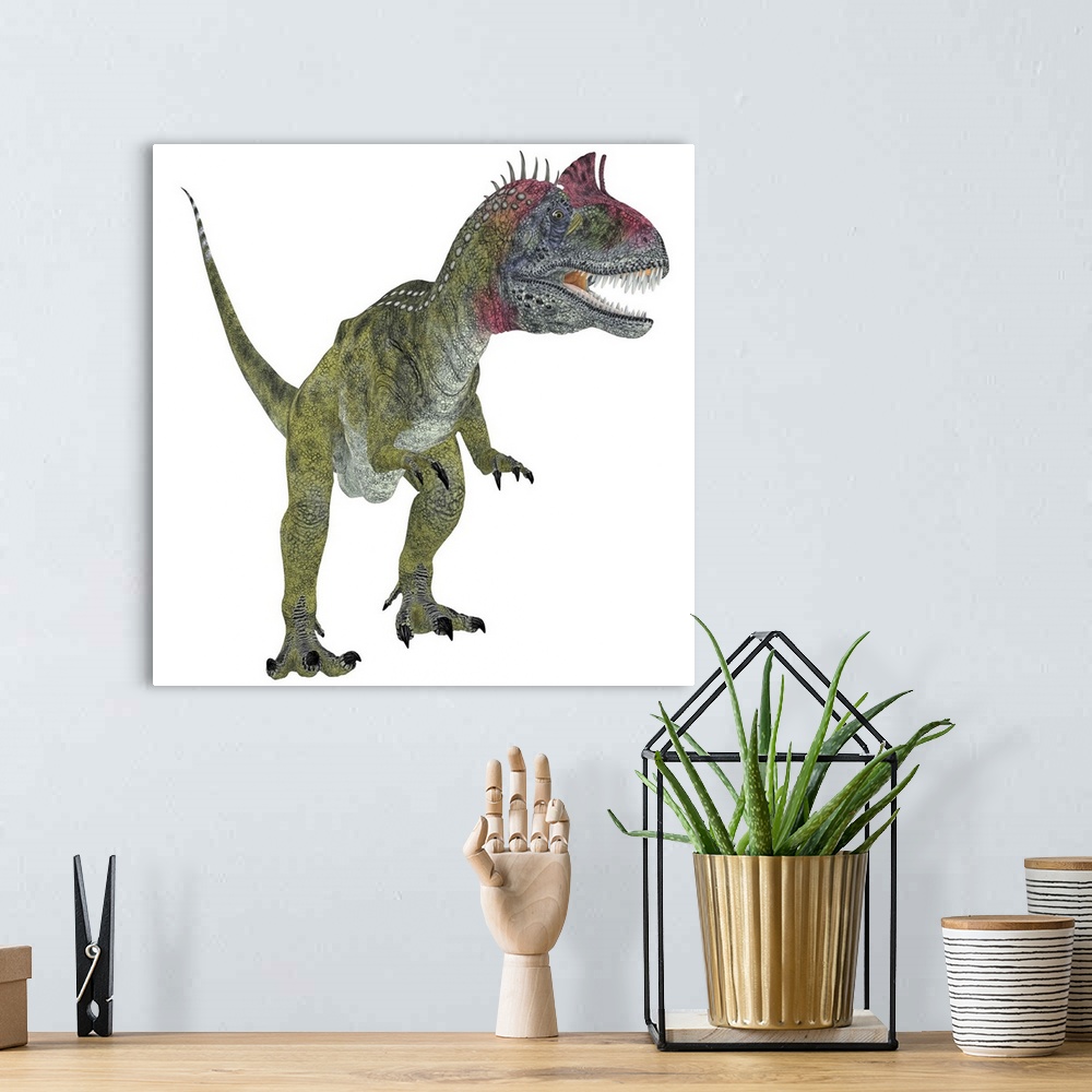 A bohemian room featuring Cryolophosaurus dinosaur, white background. Cryolophosaurus was a theropod dinosaur that lived in...