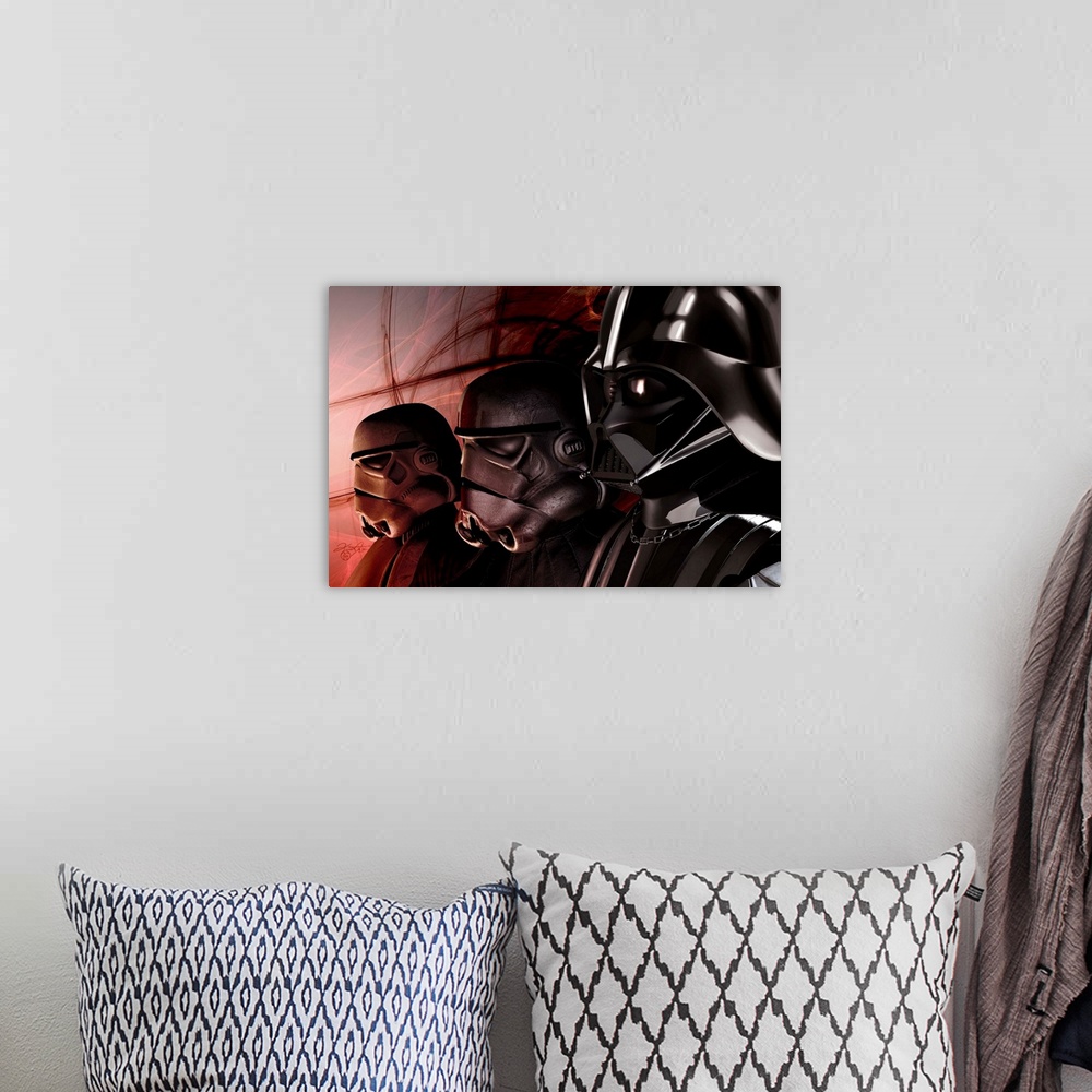 A bohemian room featuring Darth Vader lined up with stormtroopers.