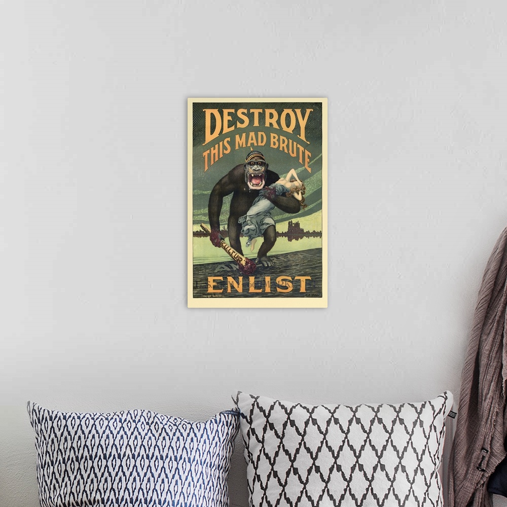 A bohemian room featuring Vintage World War I recruiting poster featuring a giant gorilla wearing a helmet labeled Militari...