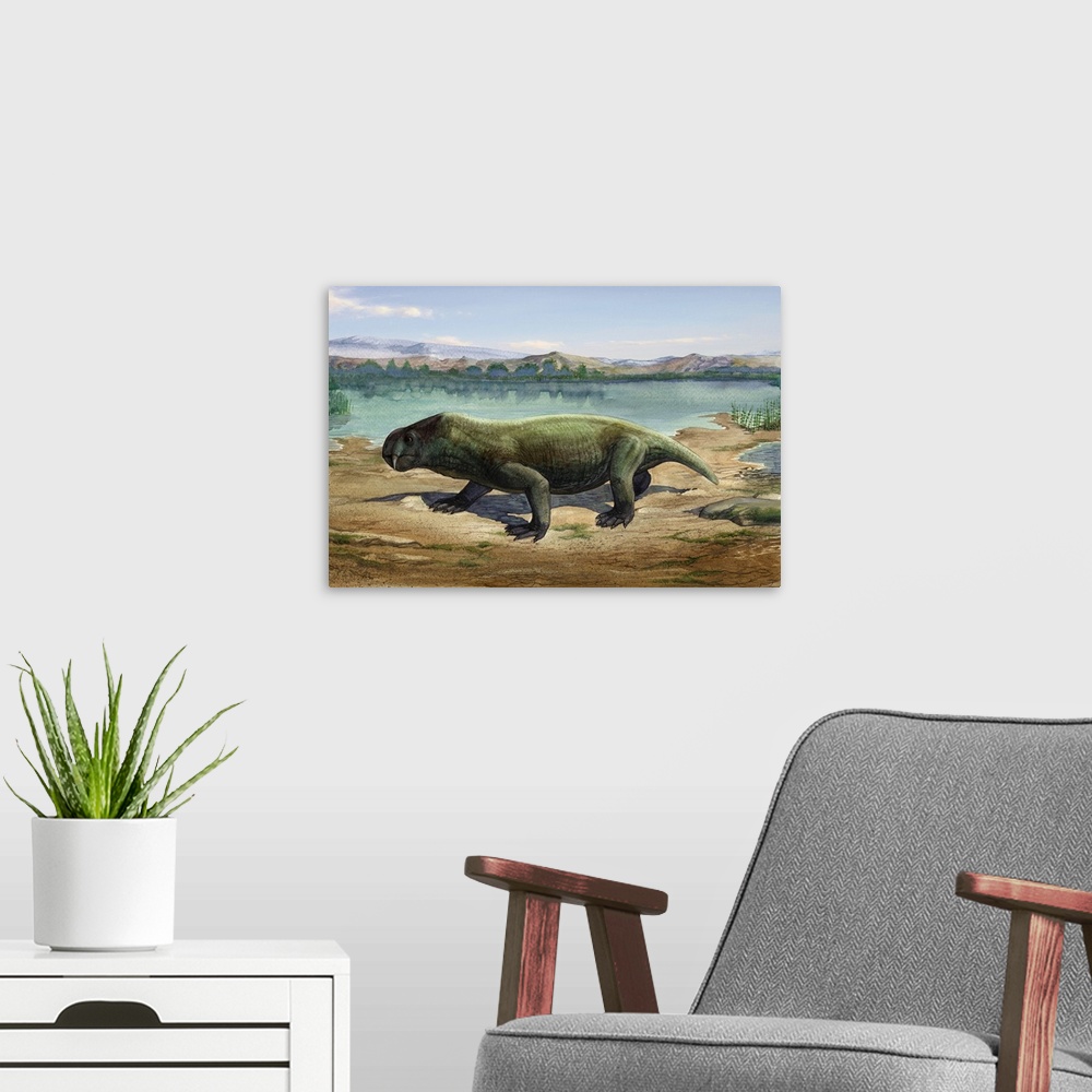 A modern room featuring Dicynodon trautscholdi, a prehistoric animal from the Paleozoic Era.