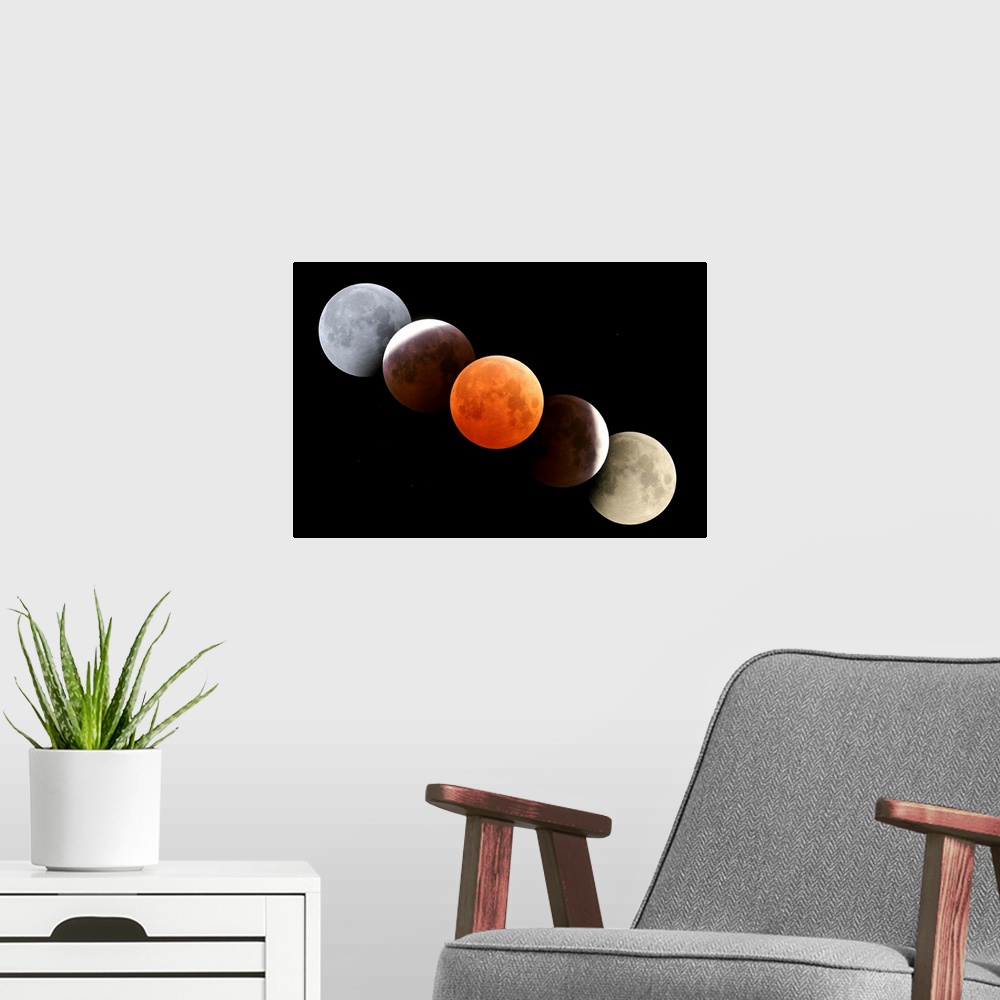 A modern room featuring October 27, 2004 - Digital composite of total lunar eclipse taken from Alberta, Canada.